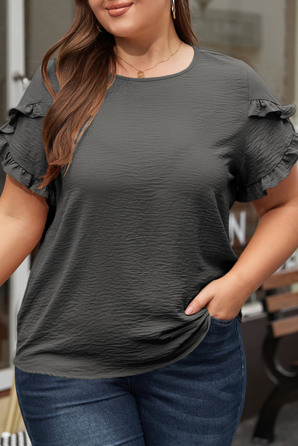 Ruffled Short Sleeve Plus Size Top | Dark Grey