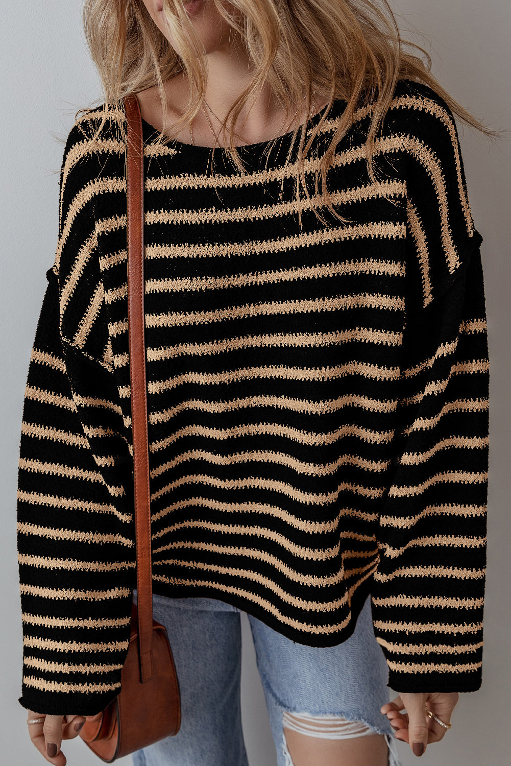 Drop Shoulder Round Neck Loose Sweater | Black Stripe