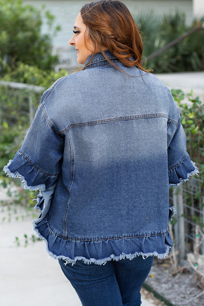 Ruffled Frayed Short Sleeve Plus Size Denim Jacket | Peacock Blue