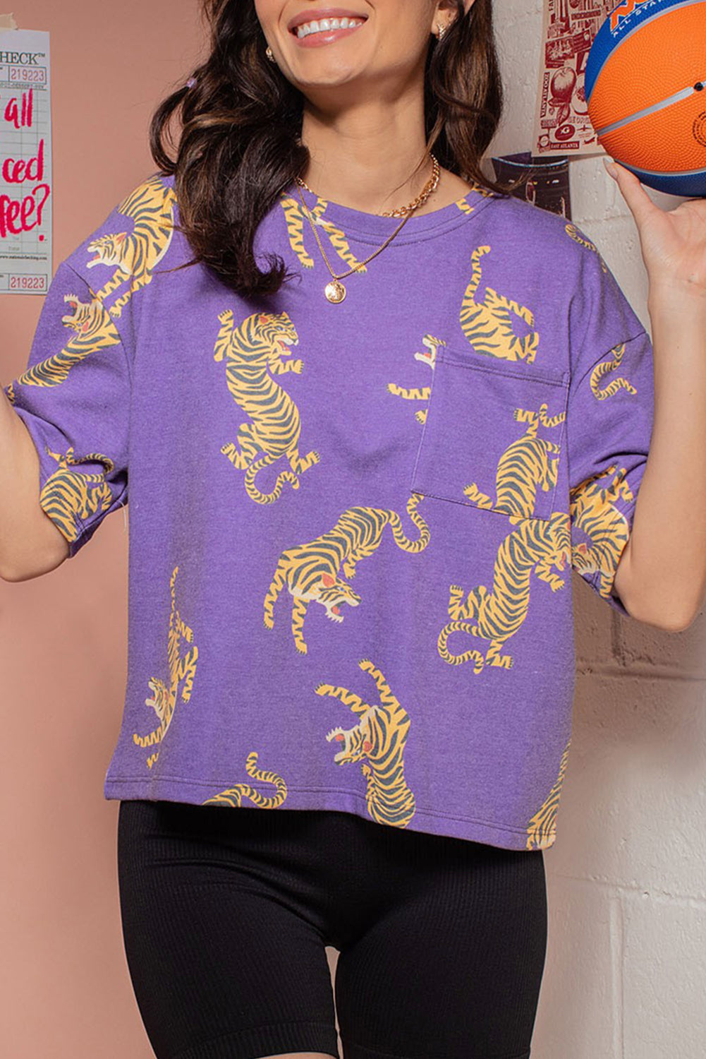 Purple Allover Tiger Printed Patch Pocket Loose T Shirt