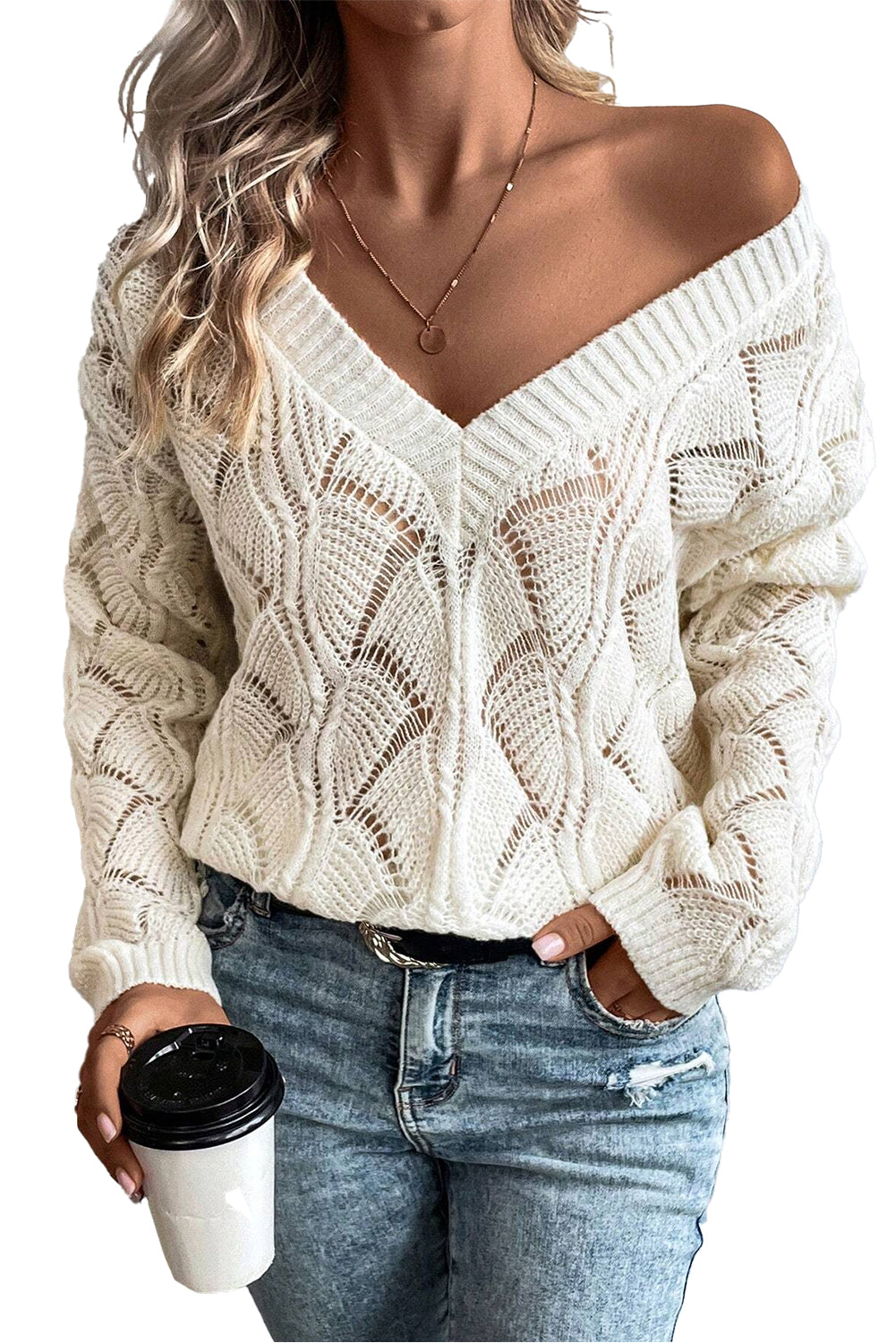 Hollow Out Knit V Neck Drop Shoulder Sweater | Beige