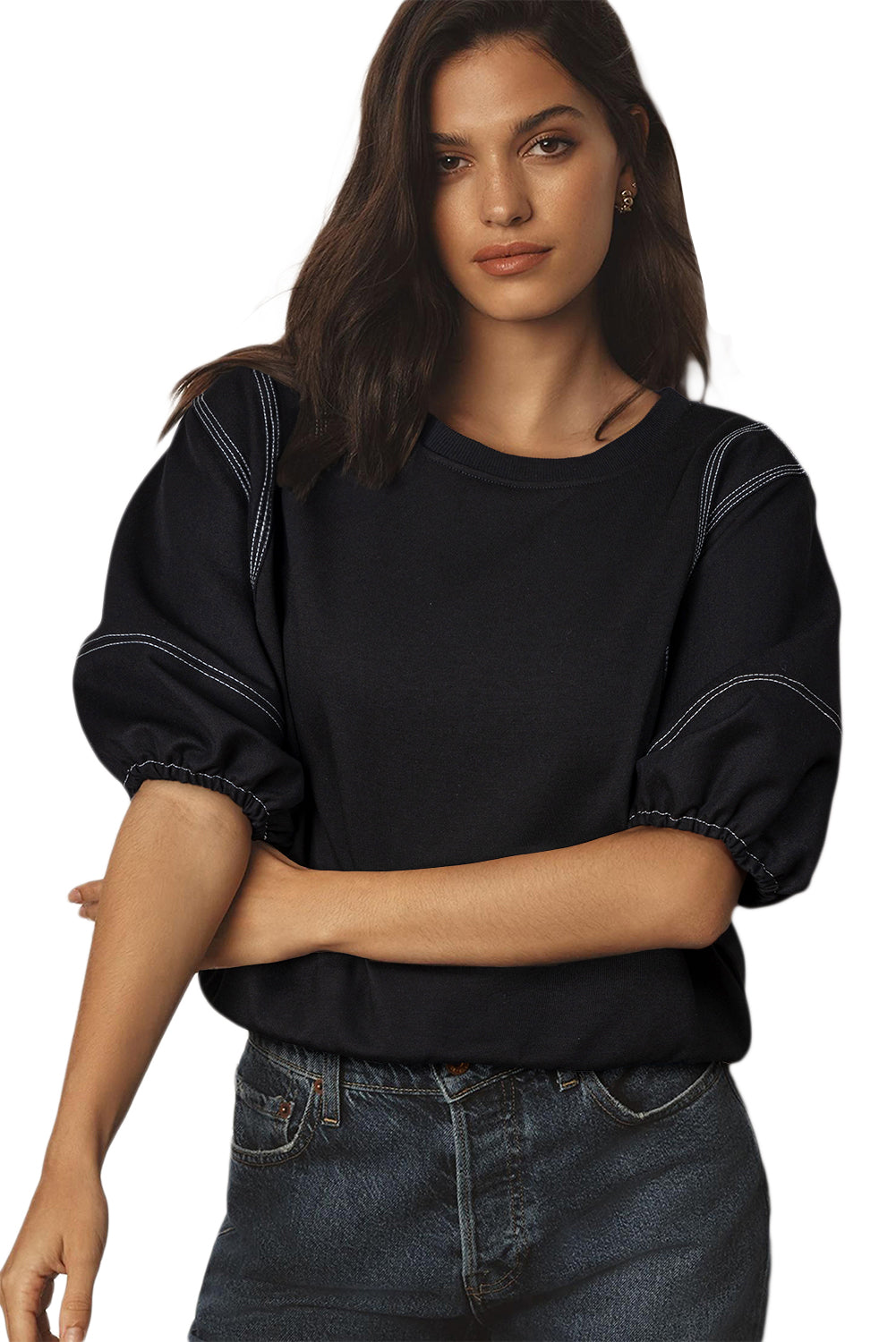 Contrast Stitches Detail Puffy Half Sleeve Blouse | Black