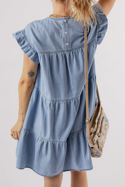 Ruffle Short Sleeve Tiered A-Line Denim Dress | Beau Blue