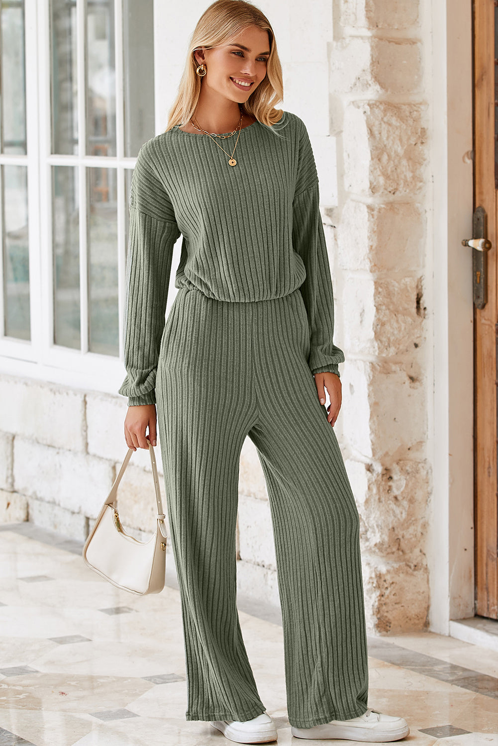 Solid Ribbed Knit Keyhole Back High Waist Jumpsuit | Laurel Green