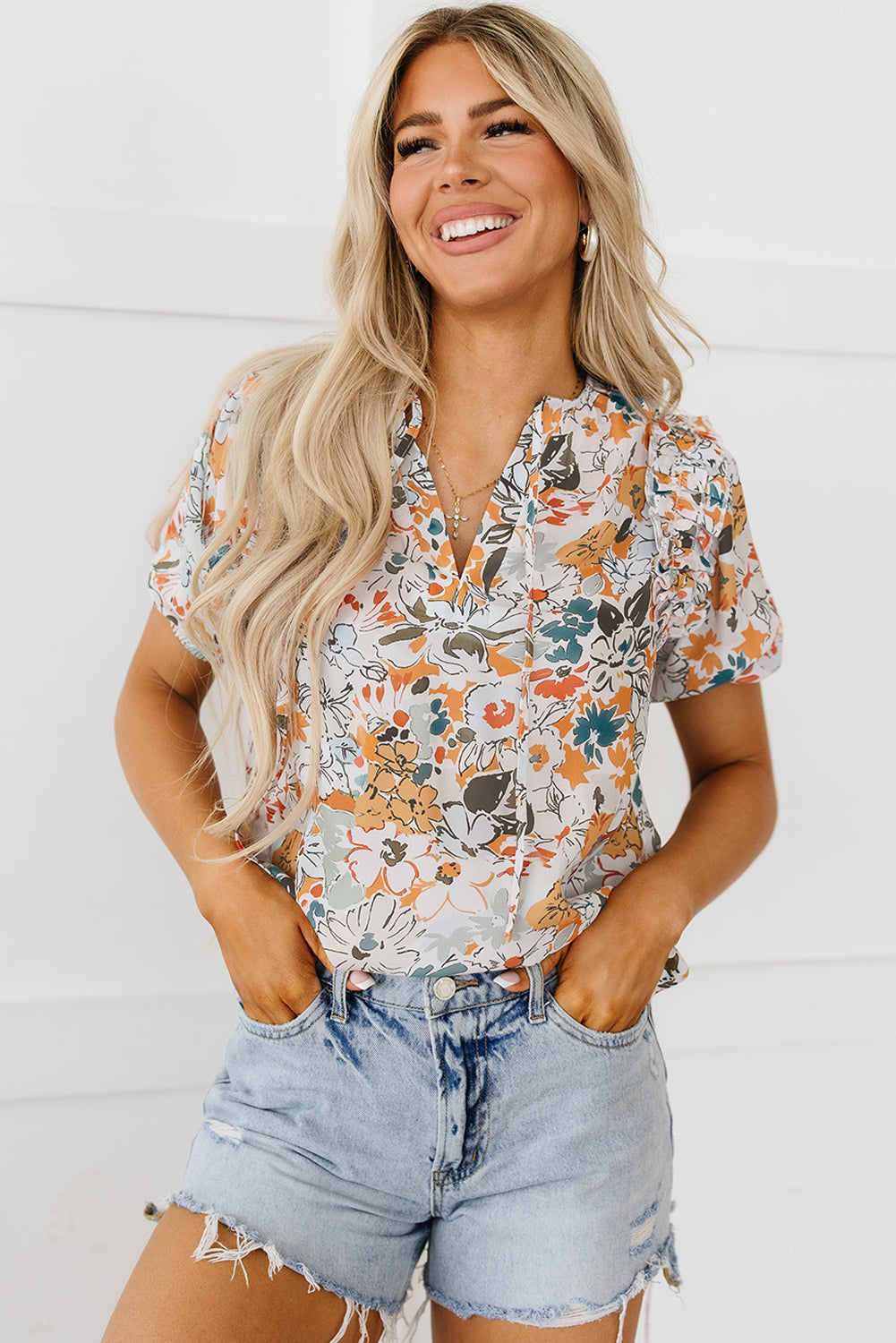 Split V Neck Puff Sleeve Flower Print Blouse | Multicolour