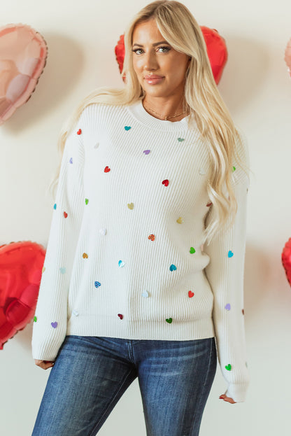 Sequin Heart Shape Waffle Knit Round Neck Sweater | Beige