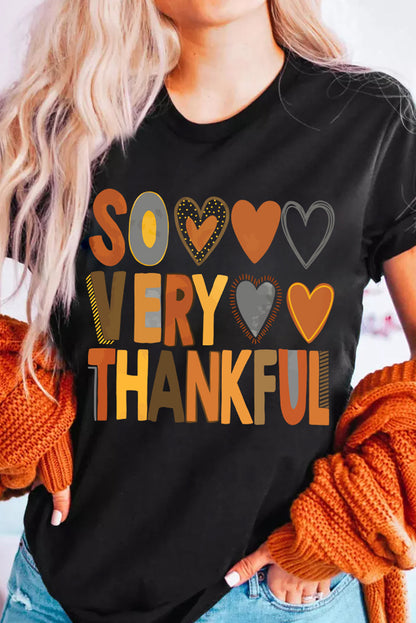 So Very Thankful Heart Printed Crewneck Thanksgiving T Shirt | Black