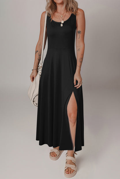 Sleeveless Scoop Neck Flared Split Midi Dress | Black