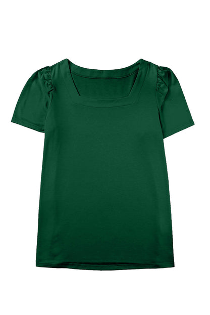 Plus Size Square Neck Ruched Shoulder Short Sleeve Top | Green