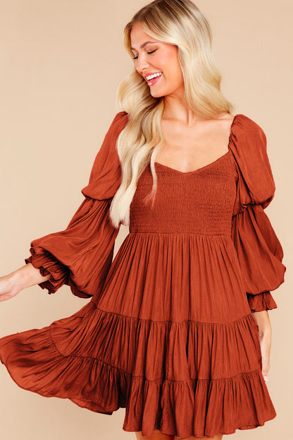 Boho Solid Shirred Ruffle Mini Dress | Brown