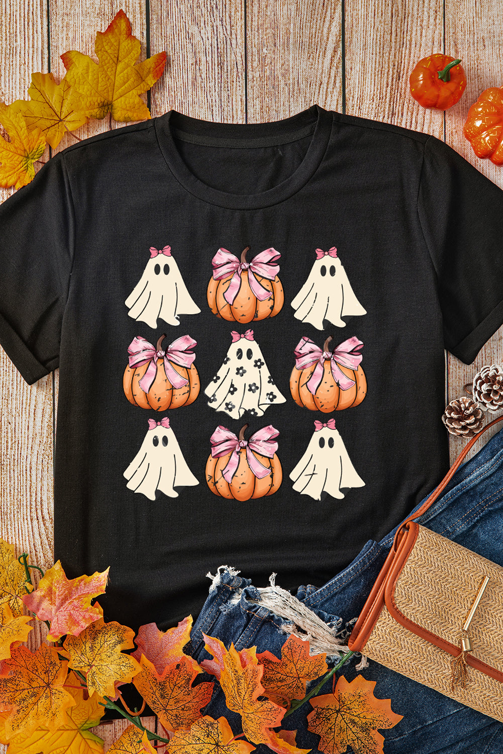 Bowknot Ghost Pumpkin Graphic Halloween T Shirt | Black