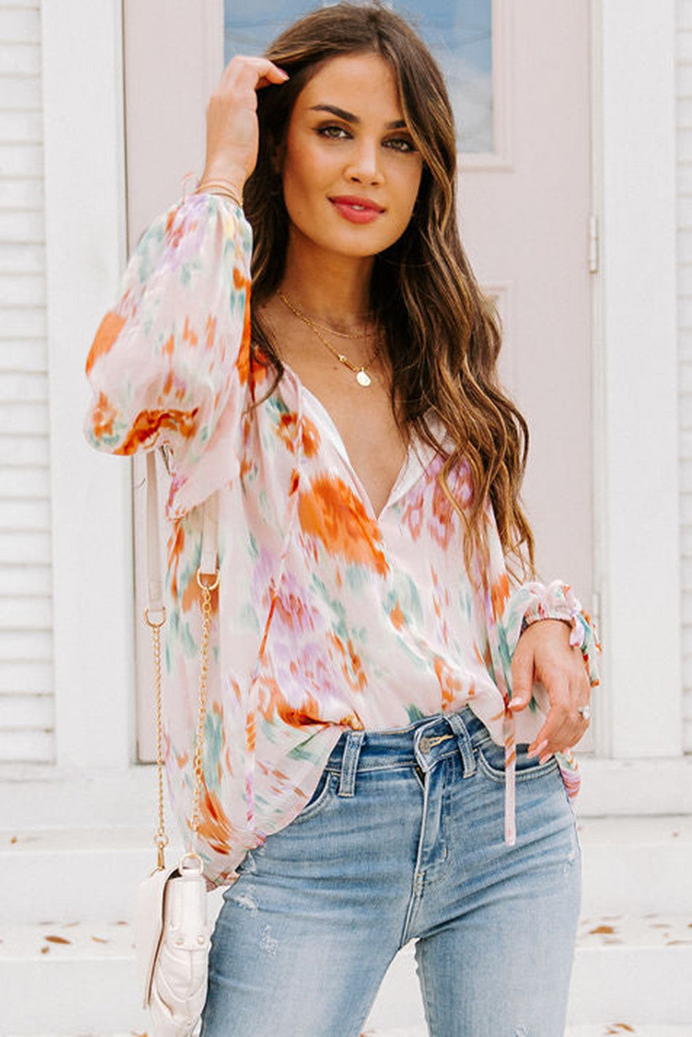 Abstract Print Split Neck Puff Sleeve Blouse | Multicolour