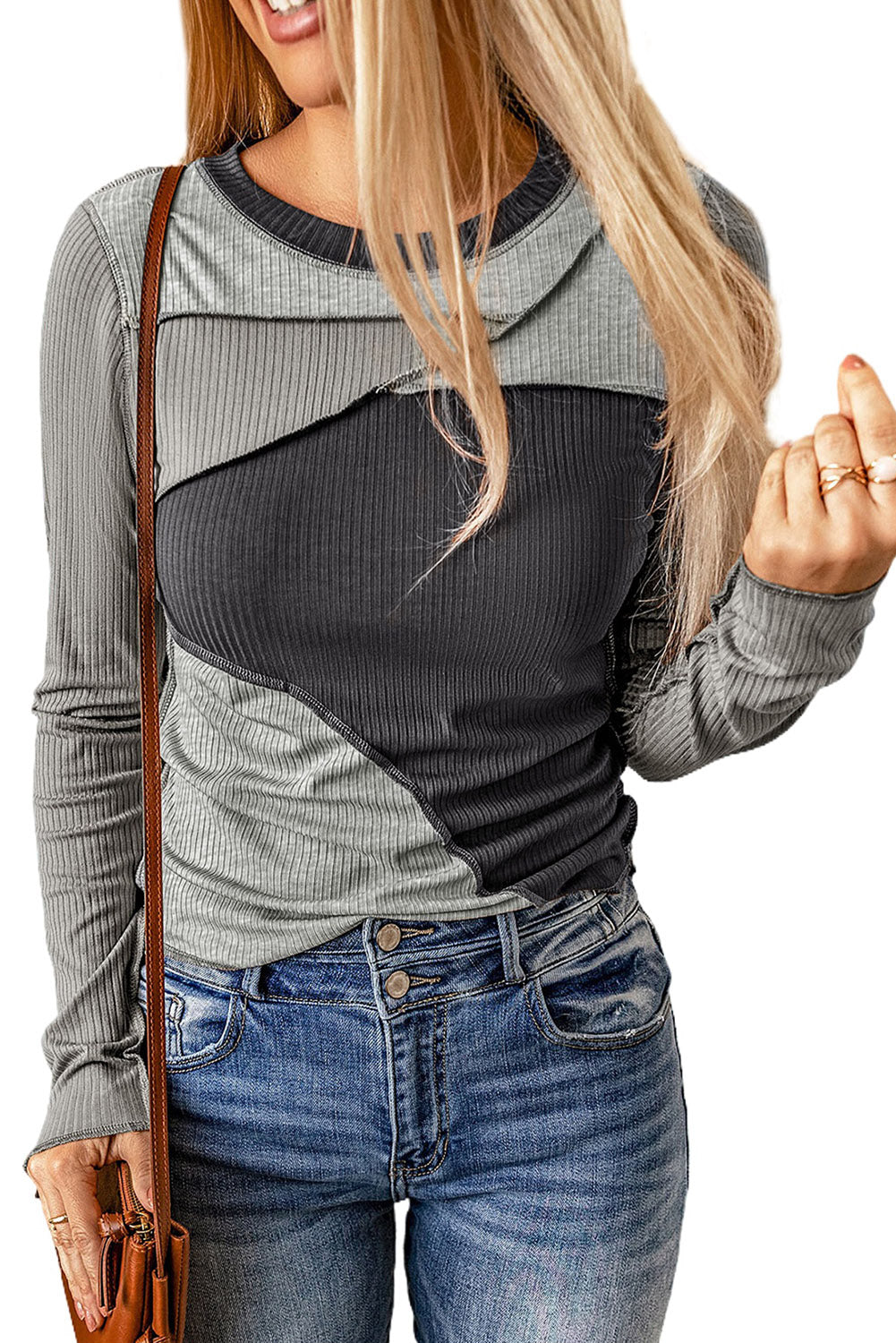 Expose Seam Colour Block Ribbed Knit Top | Gray