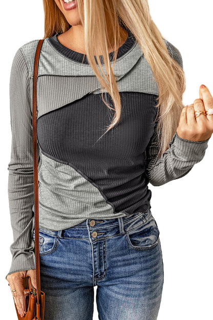 Expose Seam Colour Block Ribbed Knit Top | Gray