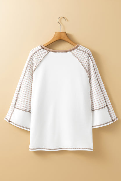 Striped Bracelet Sleeve Raglan Patchwork Top | White