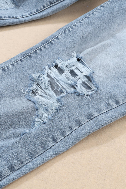 Light Wash Frayed Slim Fit High Waist Jeans | Sky Blue