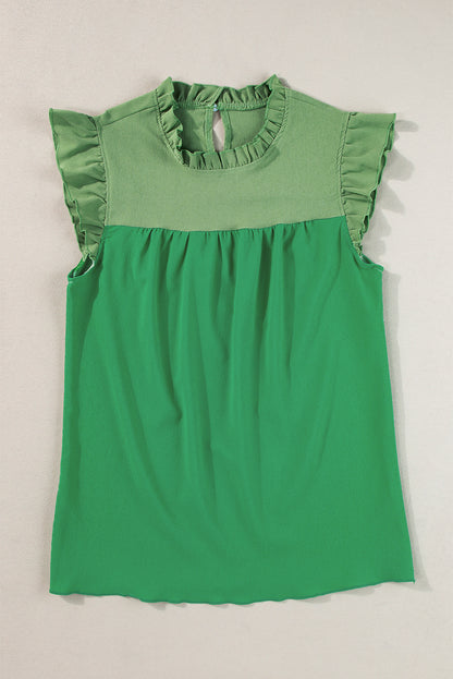 Two Tone Ruffled Flutter Sleeve Blouse | Bright Green