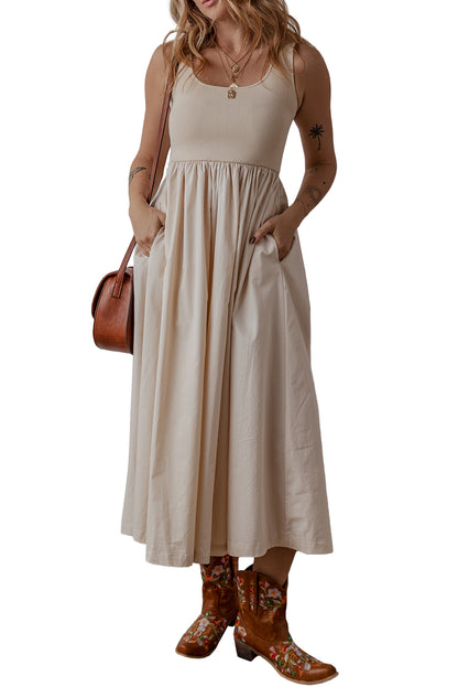 Scoop Neck Ribbed Bodice Pleated Sleeveless Long Dress | Beige