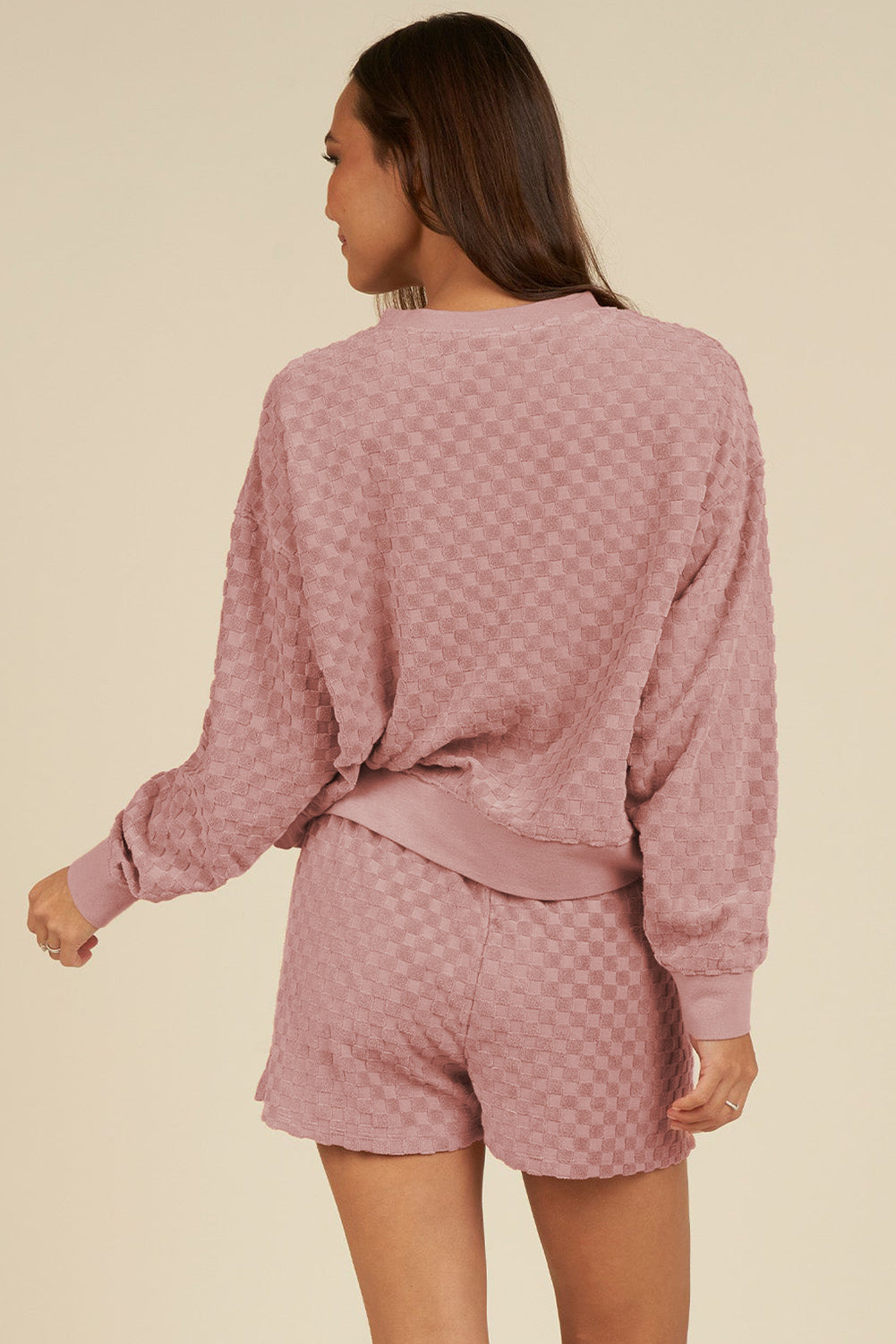 Checkered Textured Long Sleeve Top And Shorts Set | Blossom