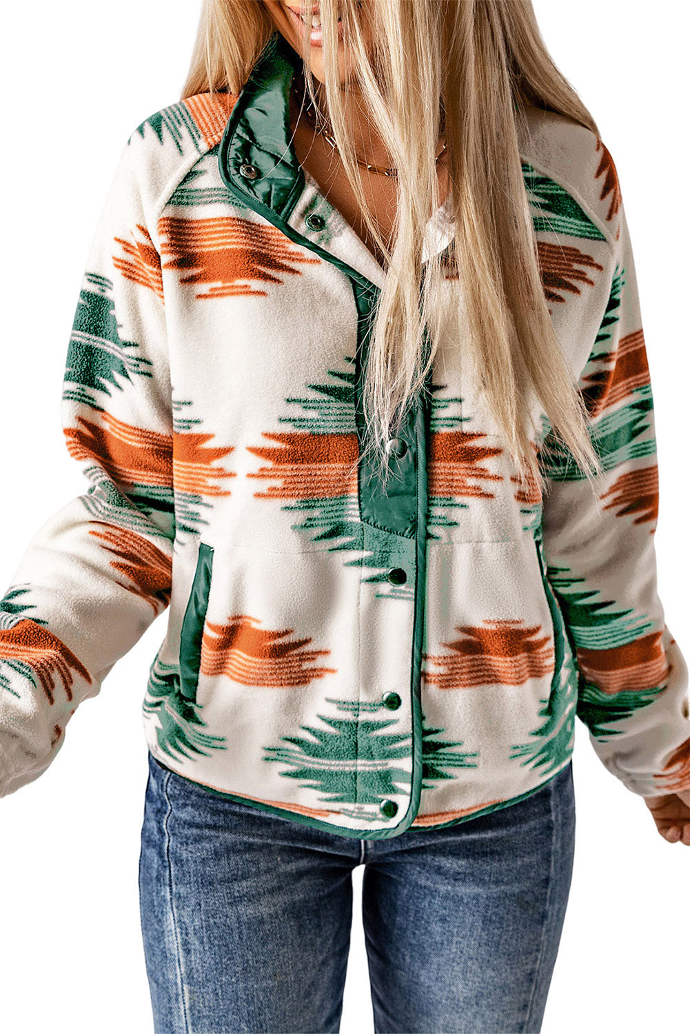 Western Aztec Snap Buttoned Fleece Jacket | Multicolour