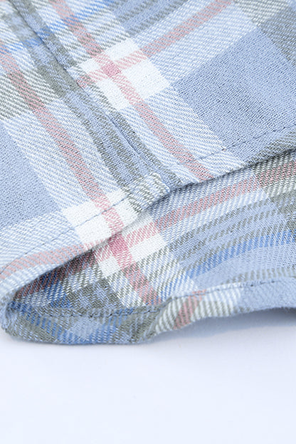 Plaid Print Pocket Drawstring Hooded Jacket | Sky Blue