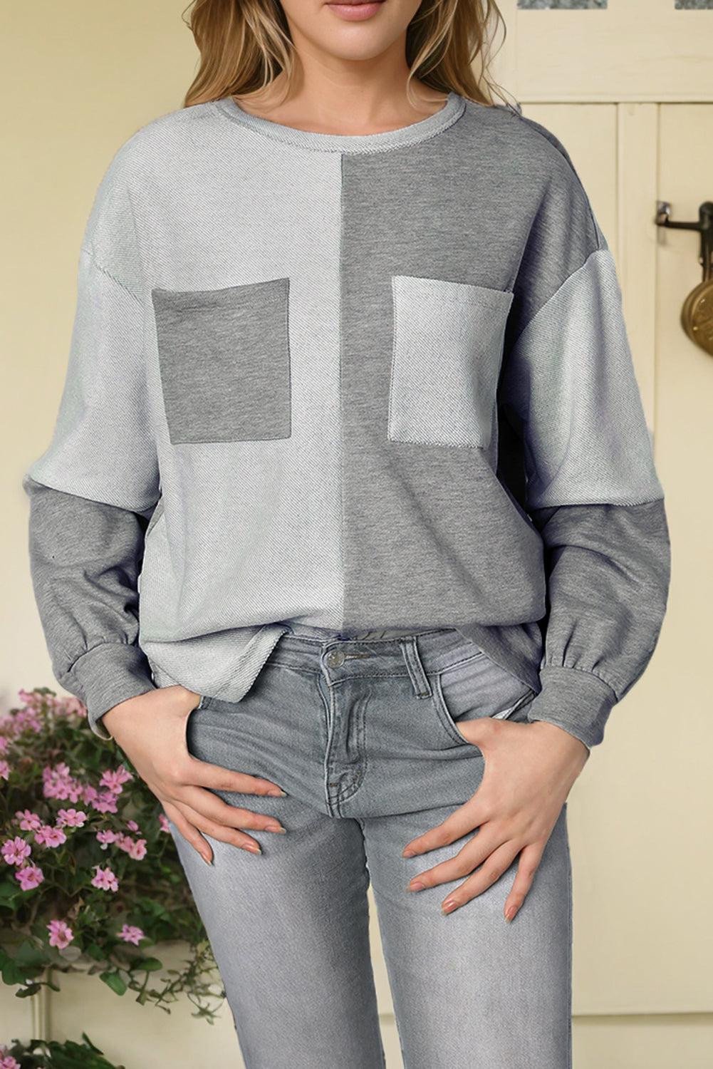 Contrast Patchwork Double Chest Pocket Top | Gray