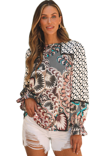 Mixed Floral Geometric Print Ruffled Long Sleeve Blouse | Black