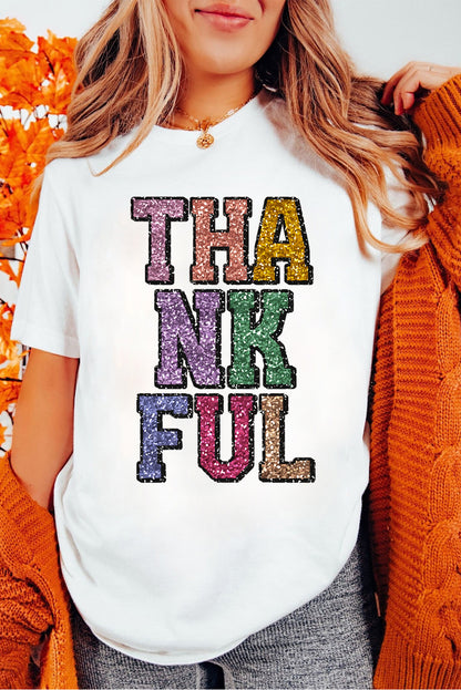 Heat-Transfer Printed Thankful Letter Graphic T Shirt | White