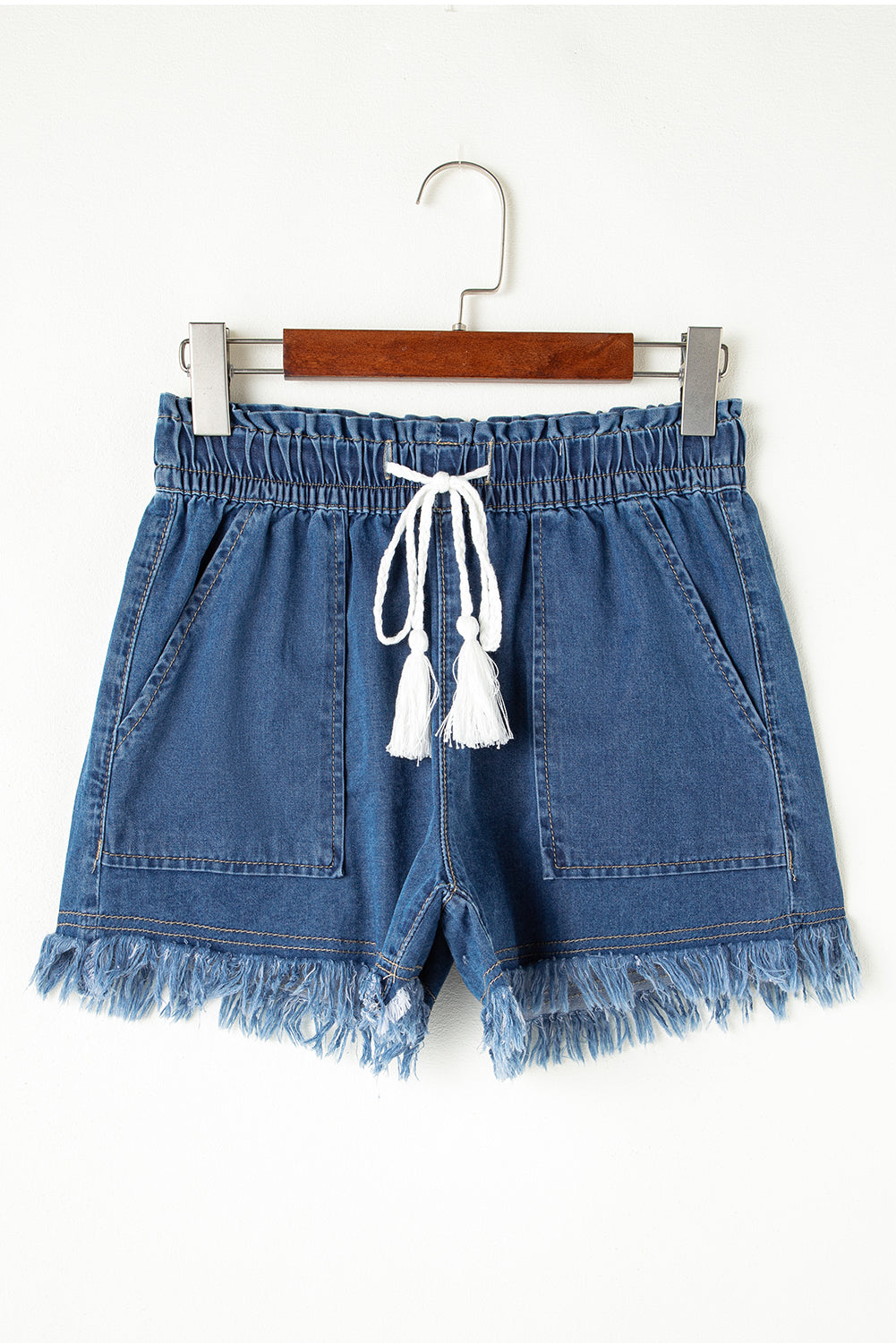 Raw Hem Drawstring High Waist Denim Shorts With Pockets | Ashleigh Blue