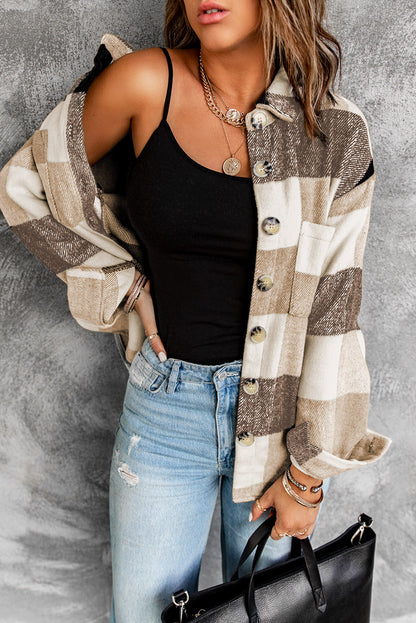 Plaid Colour Block Buttoned Long Sleeve Jacket With Pocket | Khaki