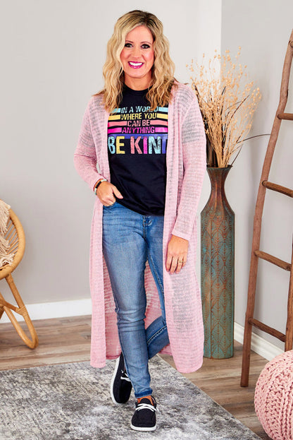 Sheer Knitted Long Side Slit Plus Size Cardigan | Pink