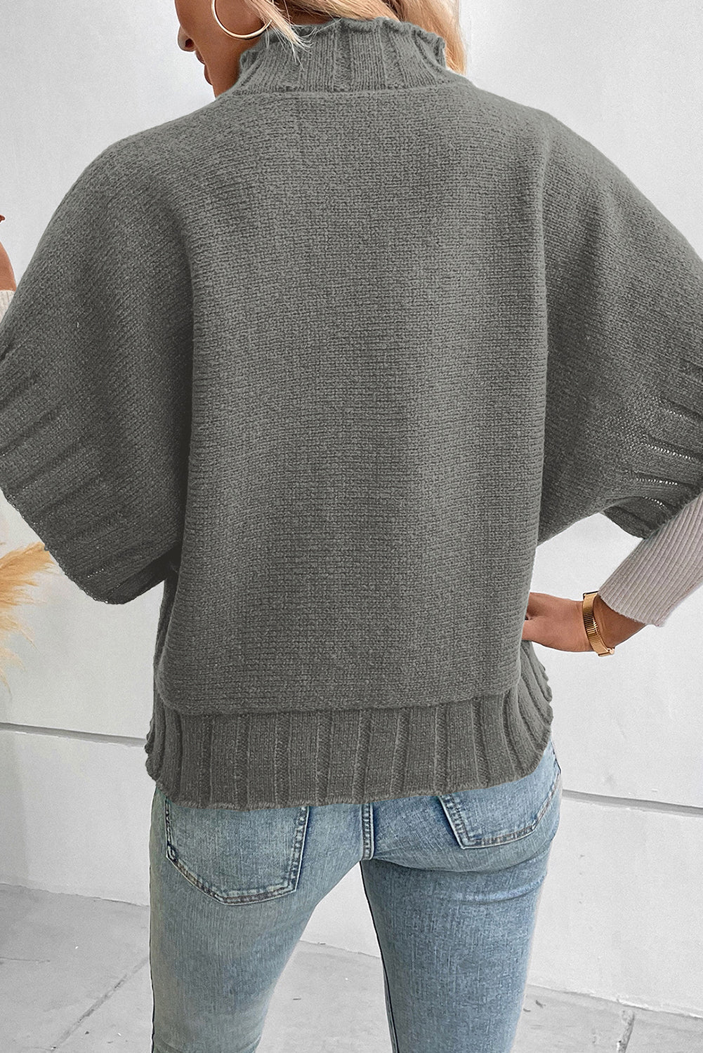 Mock Neck Batwing Short Sleeve Knit Sweater | Medium Grey