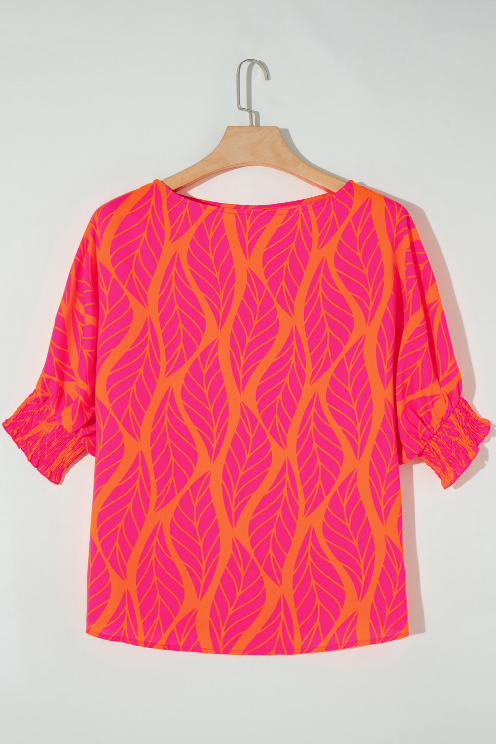 Leafy Printed Smocked Lantern Sleeve Plus Size Blouse | Rose