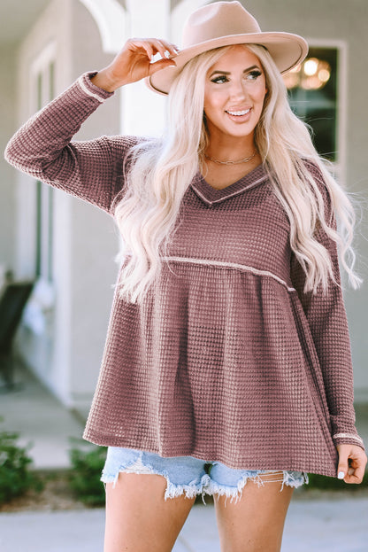 Waffle Knit V Neck Long Sleeve Babydoll Top | Pink