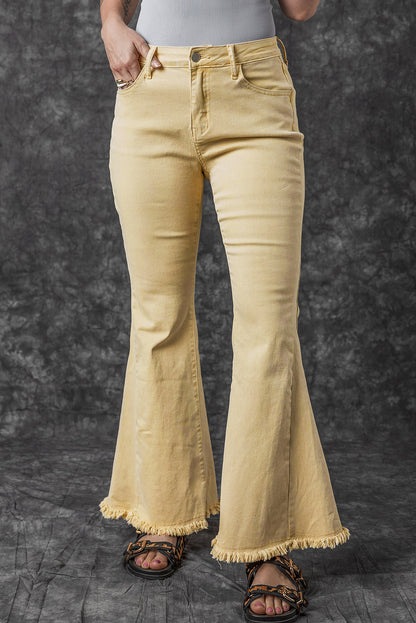 Raw Edge Mid Waist Flared Jeans | Khaki