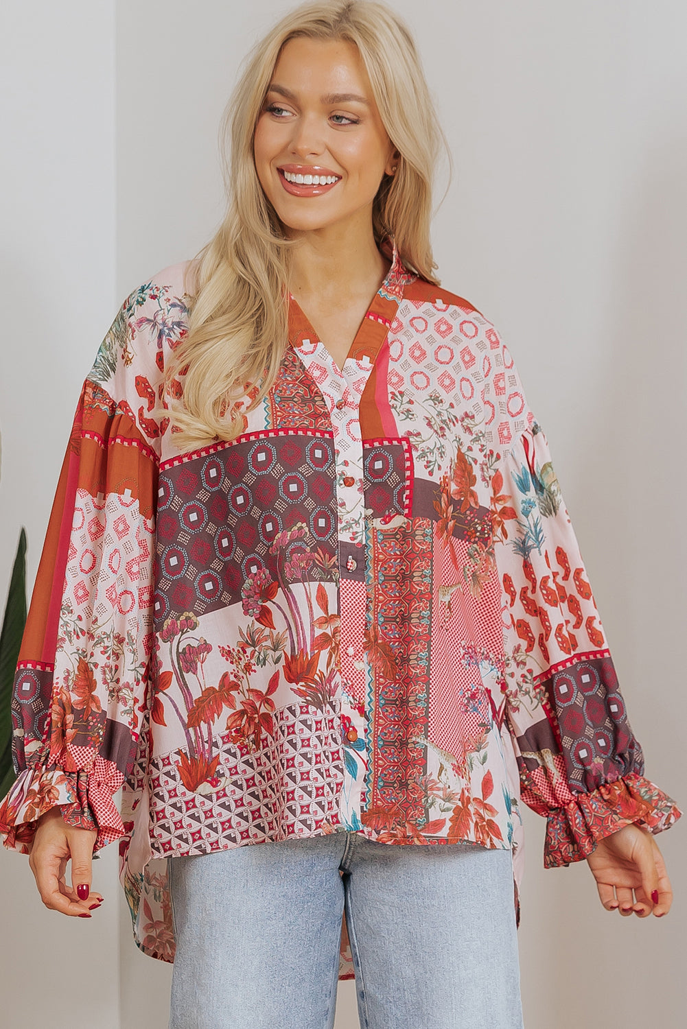 Boho Geometric Mixed Print Patchwork Bubble Sleeve Shirt | Red