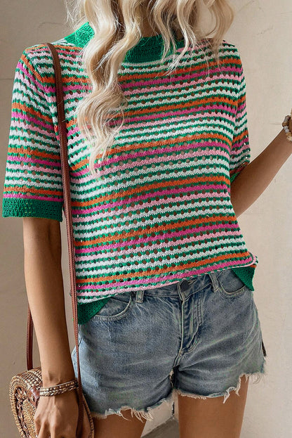 Striped Pattern Contrast Trim Pointelle Knit T Shirt | Dark Green