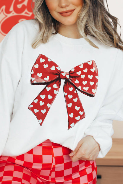 Heart Bow Printed Round Neck Valentines Pullover Sweatshirt | White