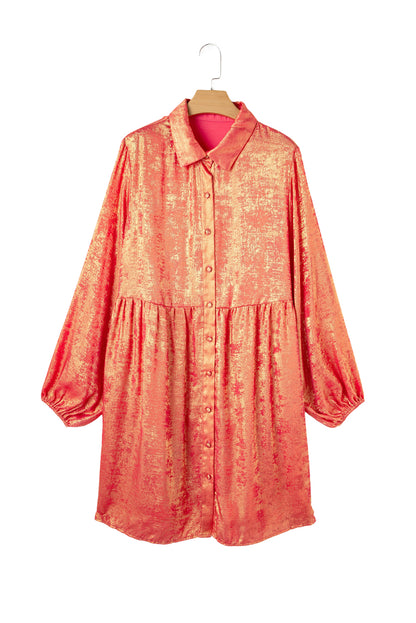 Metallic Balloon Sleeve Shirt Plus Size Mini Dress | Peach Blossom