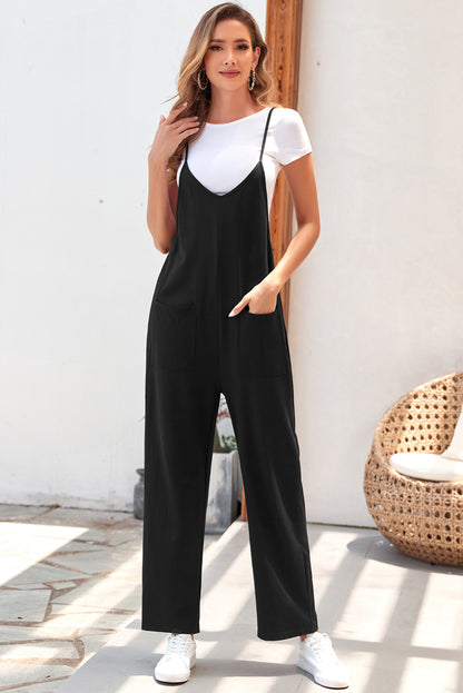 Pocketed Adjustable Spaghetti Strap Straight Leg Jumpsuit | Black