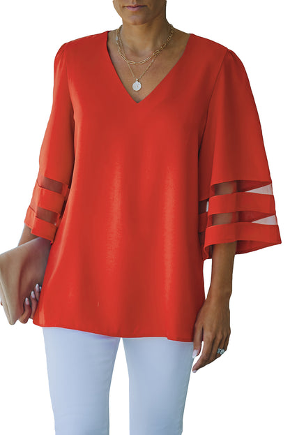 Fiery  Flare Sleeve V Neck Loose Blouse | Red