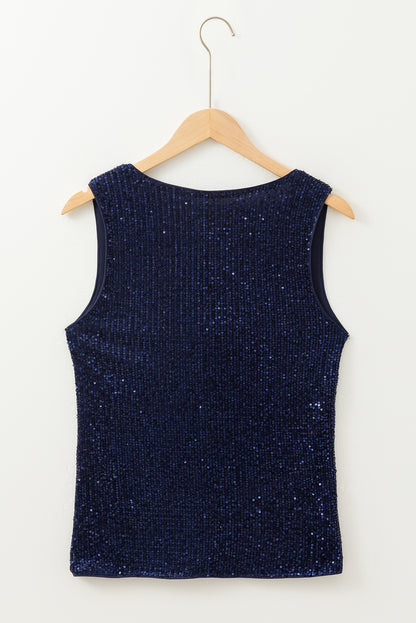 Dirty Blue Sequined Deep V Neck Buttoned Tank Top | Dirty blue