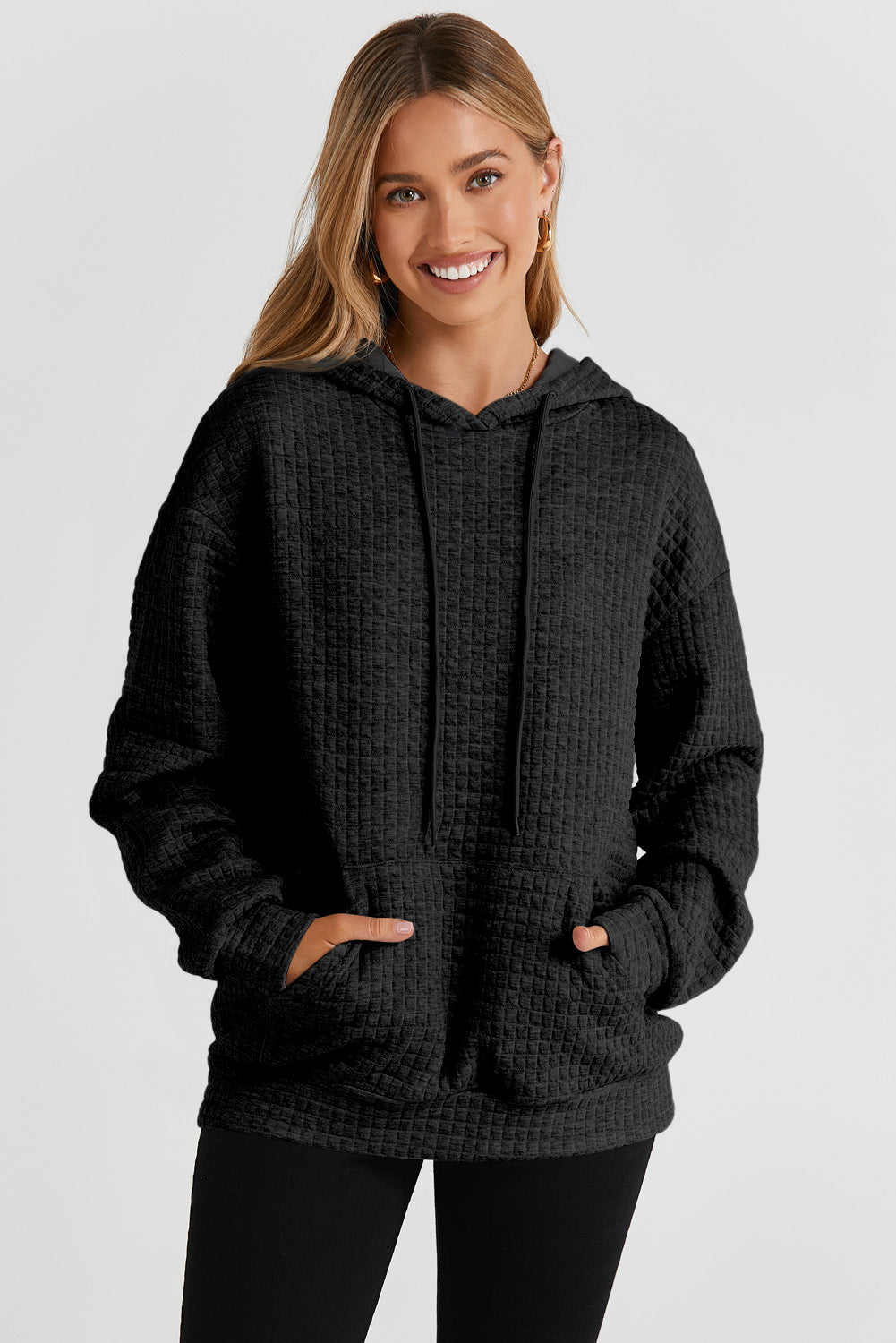 Quilted Kangaroo Pocket Drawstring Hoodie | Black