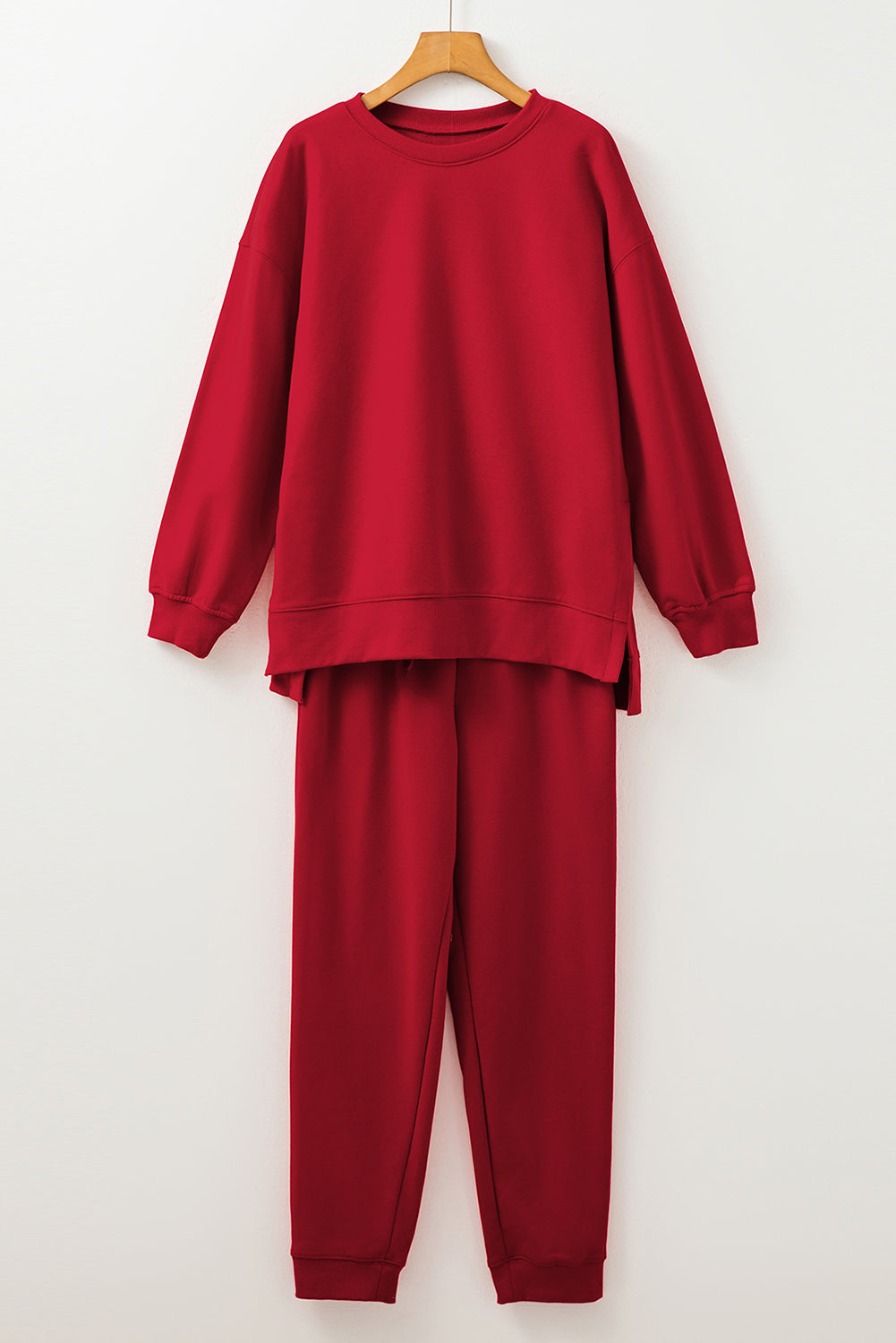 Solid Colour High Low Pullover And Skinny Pants Set | Racing Red