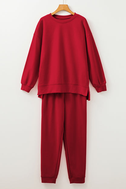 Solid Colour High Low Pullover And Skinny Pants Set | Racing Red