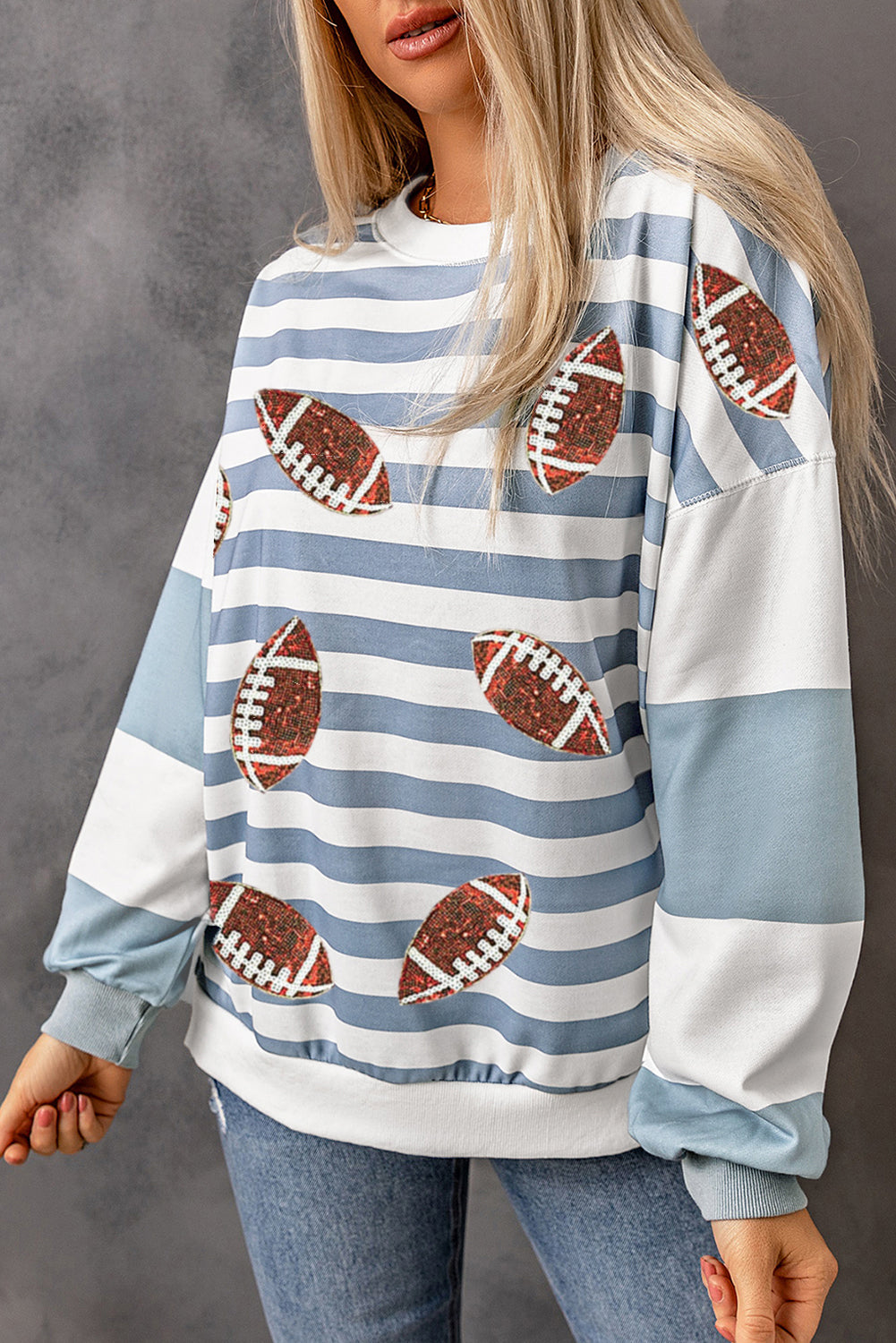 Sequined Rugby Football Pattern Pullover Sweatshirt | Stripe