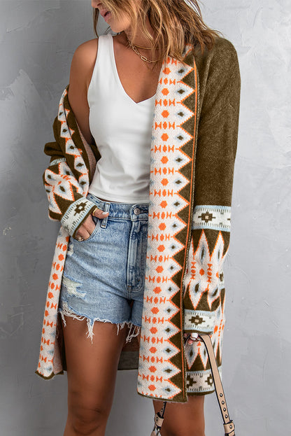 Aztec Print Open Front Knitted Cardigan | Brown