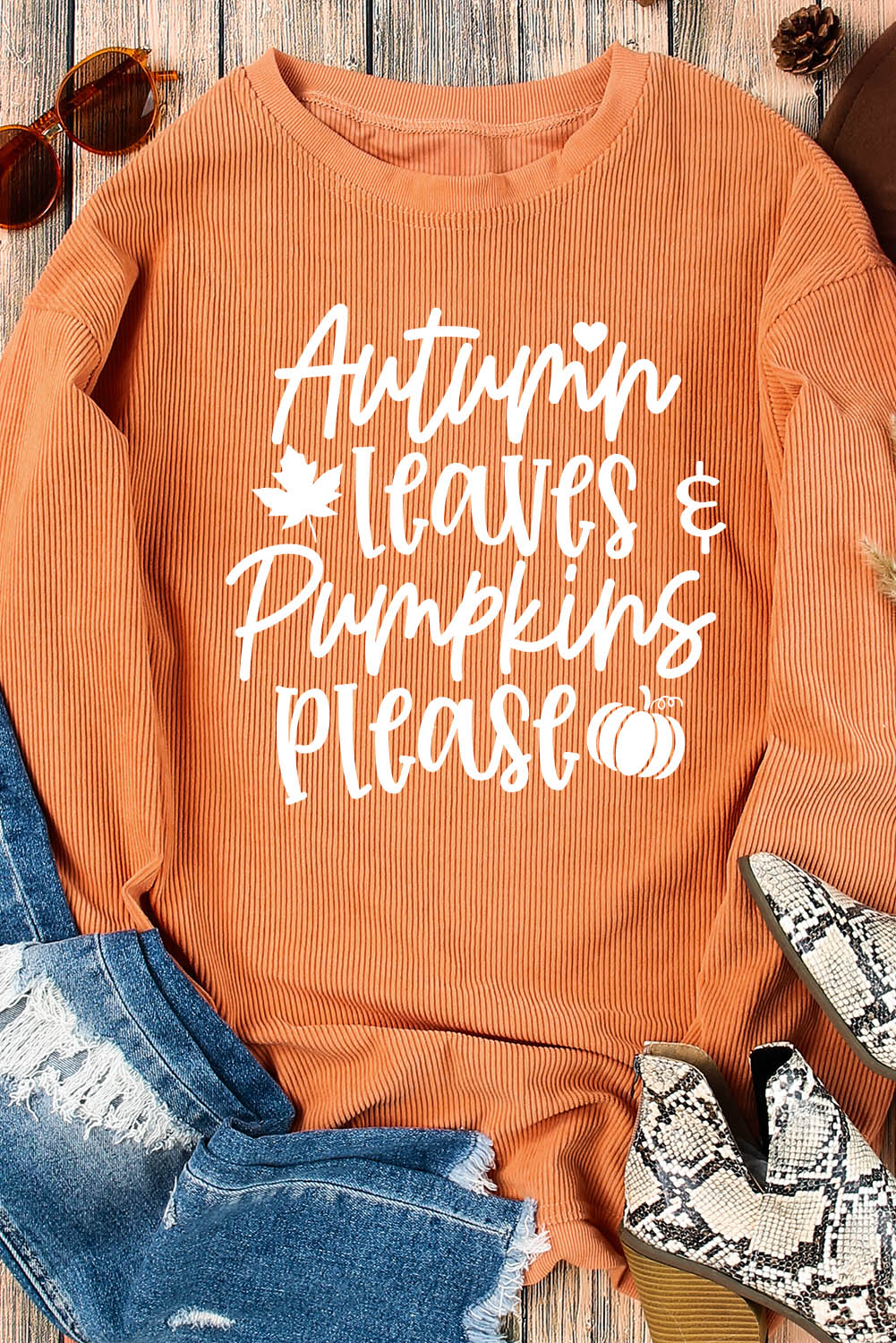 Autumn Leaves Pumpkins Please Ribbed Oversized Sweatshirt | Orange