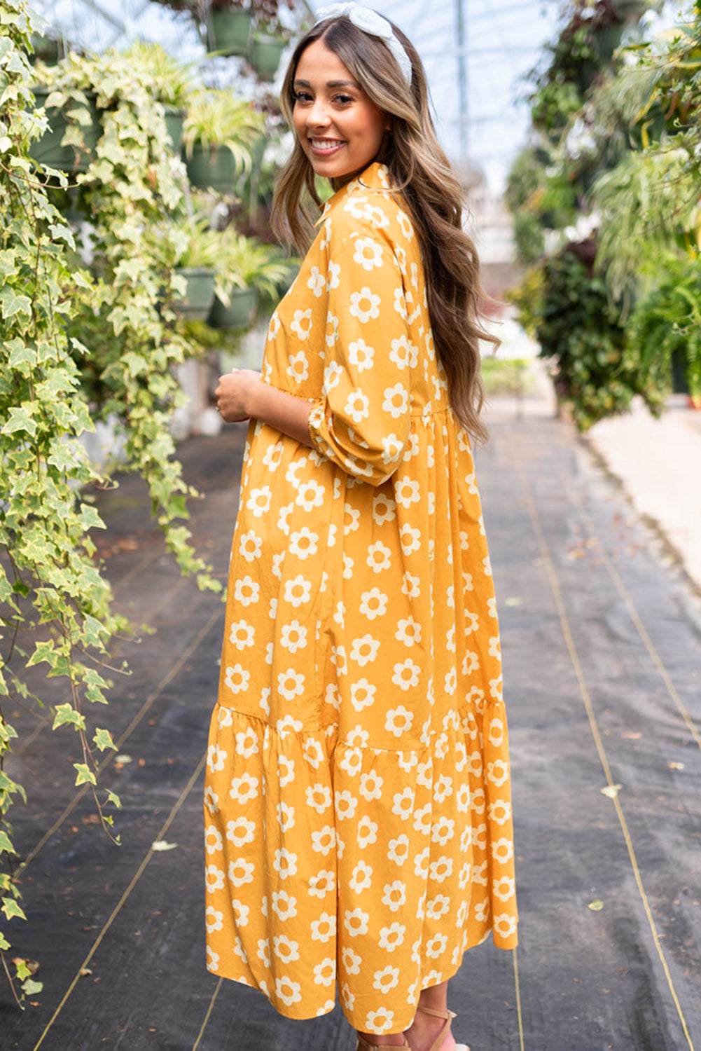 Flower Print Bracelet Sleeve Buttons Collared Maxi Dress | Yellow