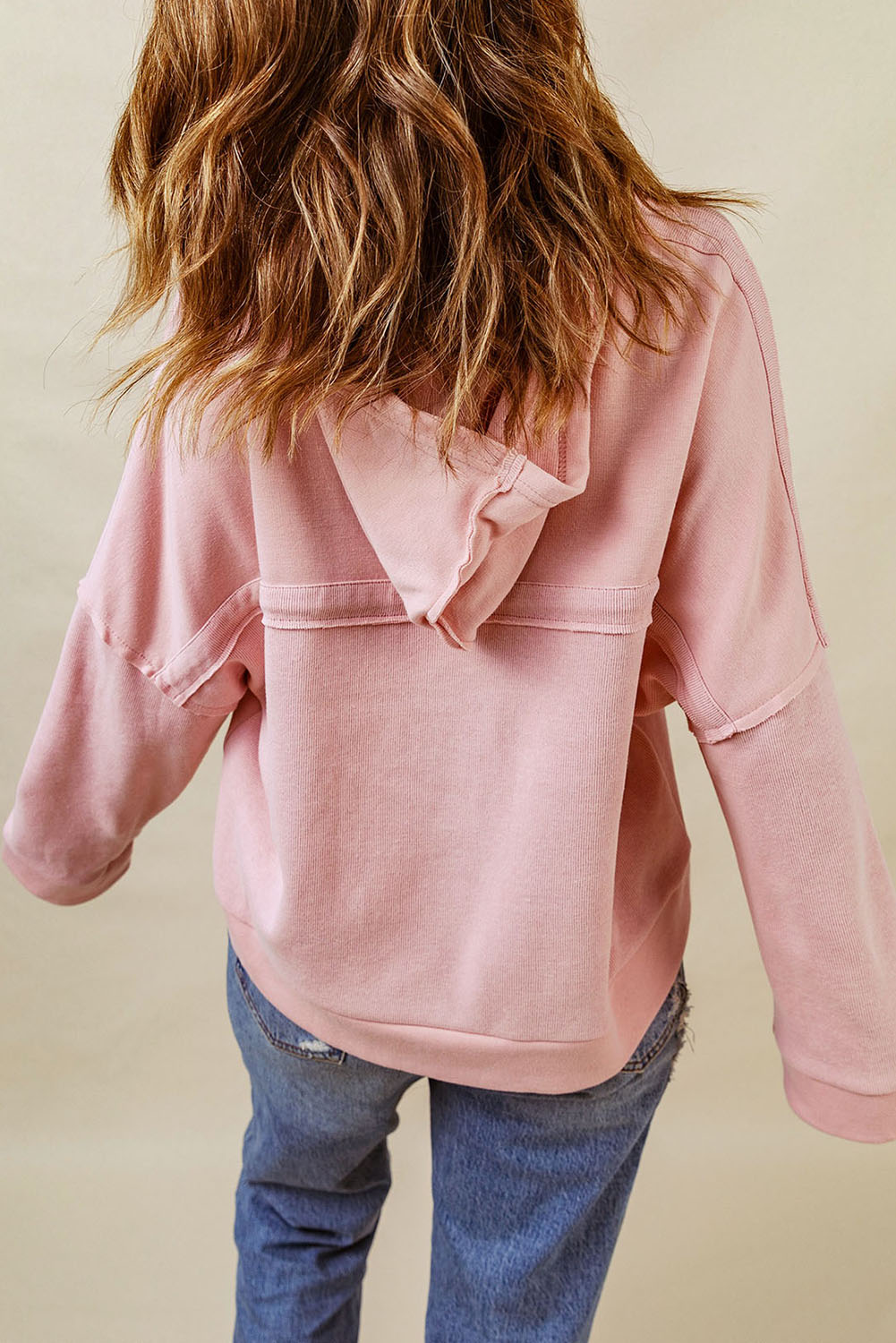 Casual Button Solid Patchwork Trim Hoodie | Pink